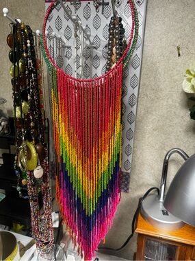 Handmade Beaded Fringe Necklace with Rainbow Chevron